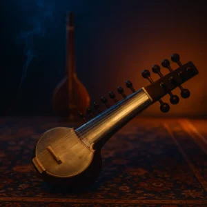 Sarod en trois-quarts avec tanpura en arrière-plan et halo ambre/indigo évoquant l’ambiance du raga