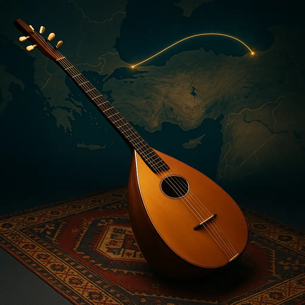 Saz Bağlama posé sur un tissu traditionnel, lumière dorée, long manche et cordes doubles