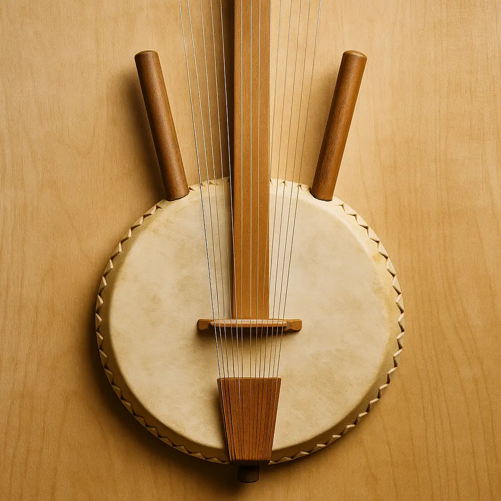 Harpe africaine traditionnelle : calebasse décorée et peau tendue