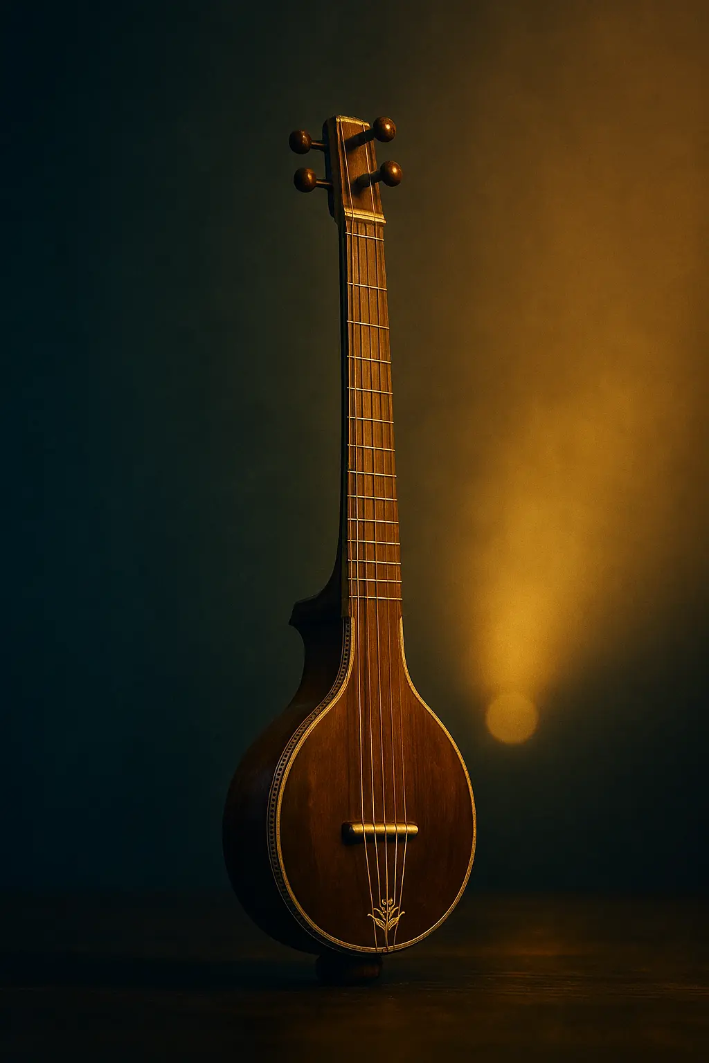 Tanpura en position verticale, drone continu pour l’accordage du raga