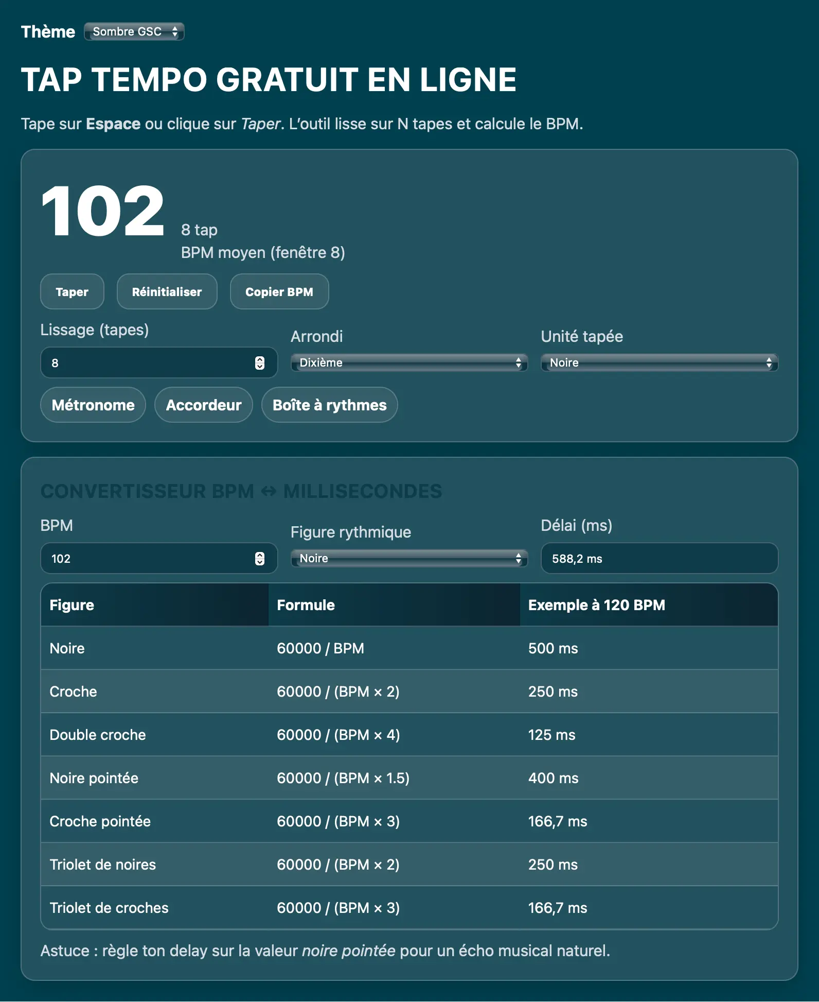 Tap Tempo Guitar Social Club : écran de l’outil pour trouver le BPM