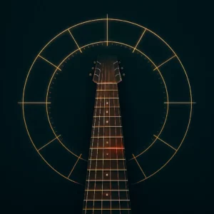Rose circulaire de 12 demi-tons traversée par un manche de guitare, symbolisant le 12TET (100 cents par pas)