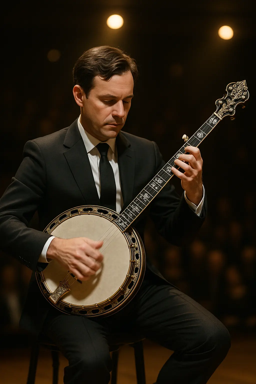 Détails tête de banjo : mécanique 5e corde et repères Open G gDGBD