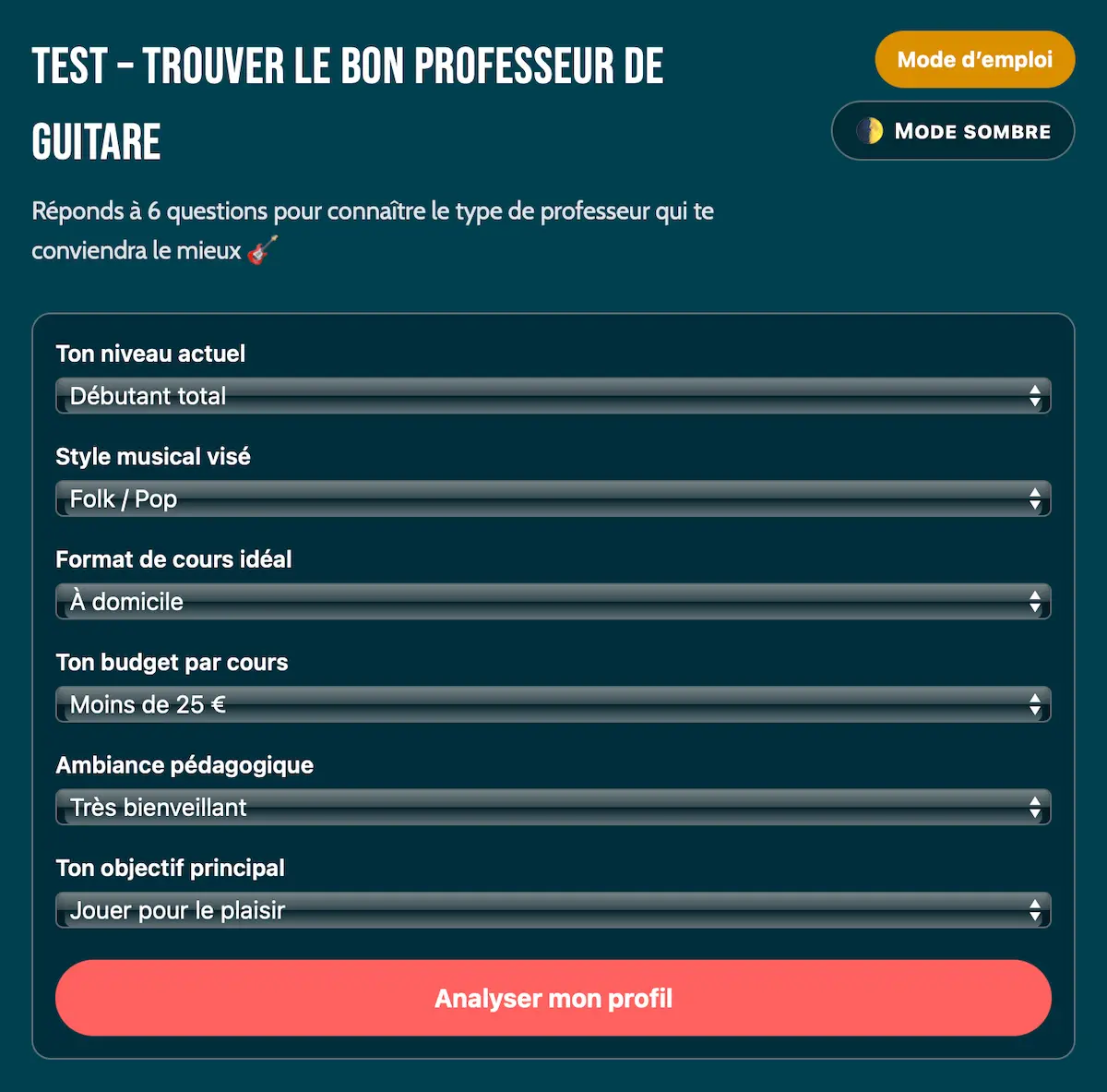 Test en ligne pour trouver le bon professeur de guitare