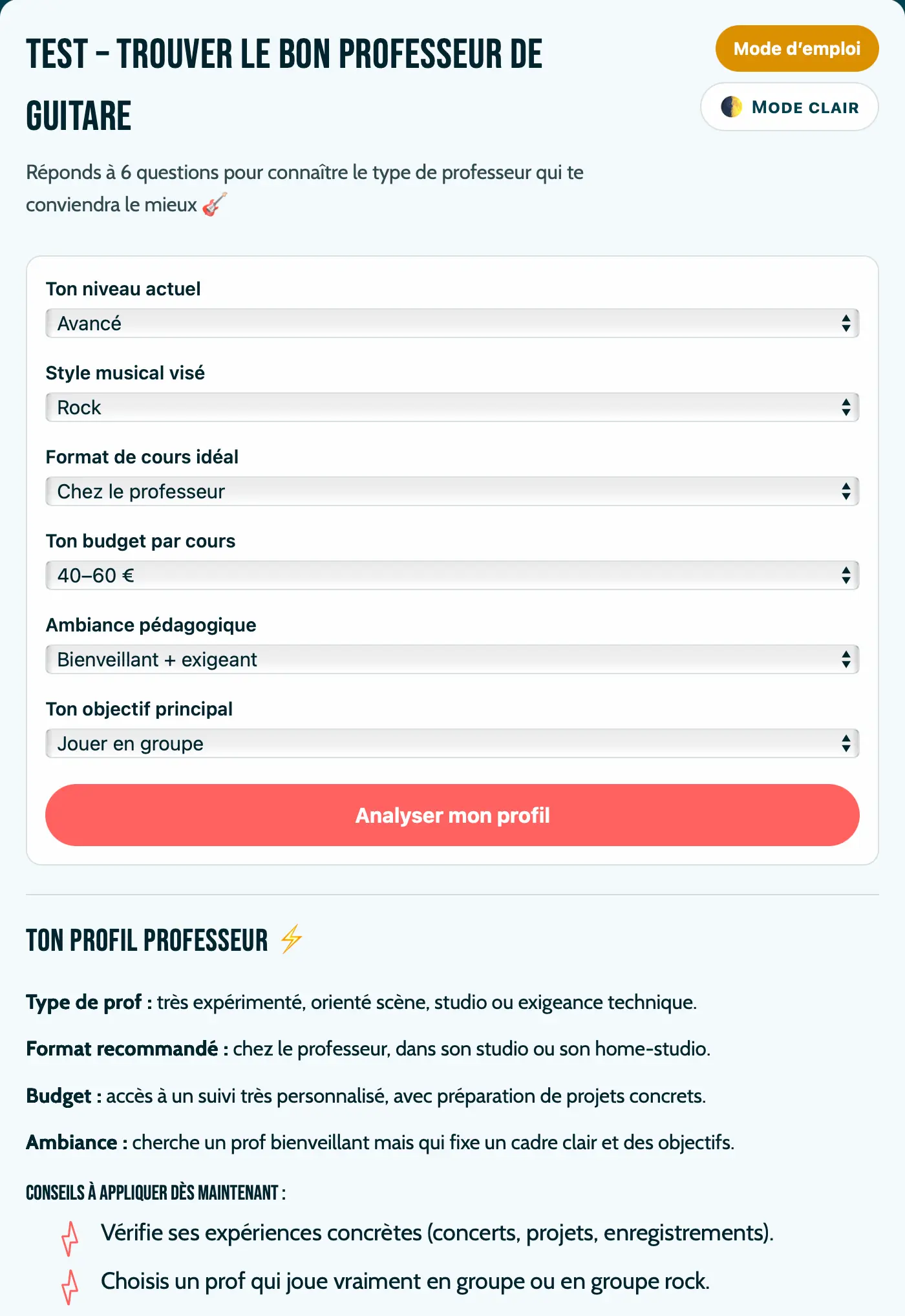 Questions du test pour trouver le bon professeur de guitare