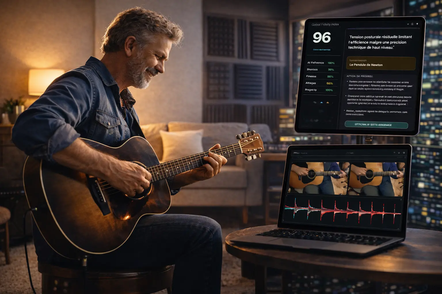 Guitar Match&Play : analyse de jeu guitare (rythme, précision, attaques, nuances) – aperçu