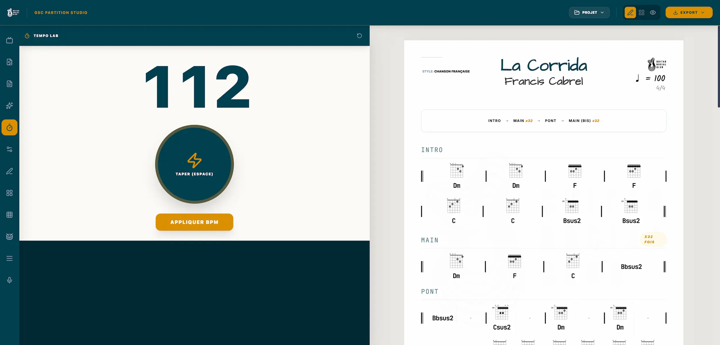 écrire une grille d’accords guitare avec tap tempo dans Guitar Partition Studio