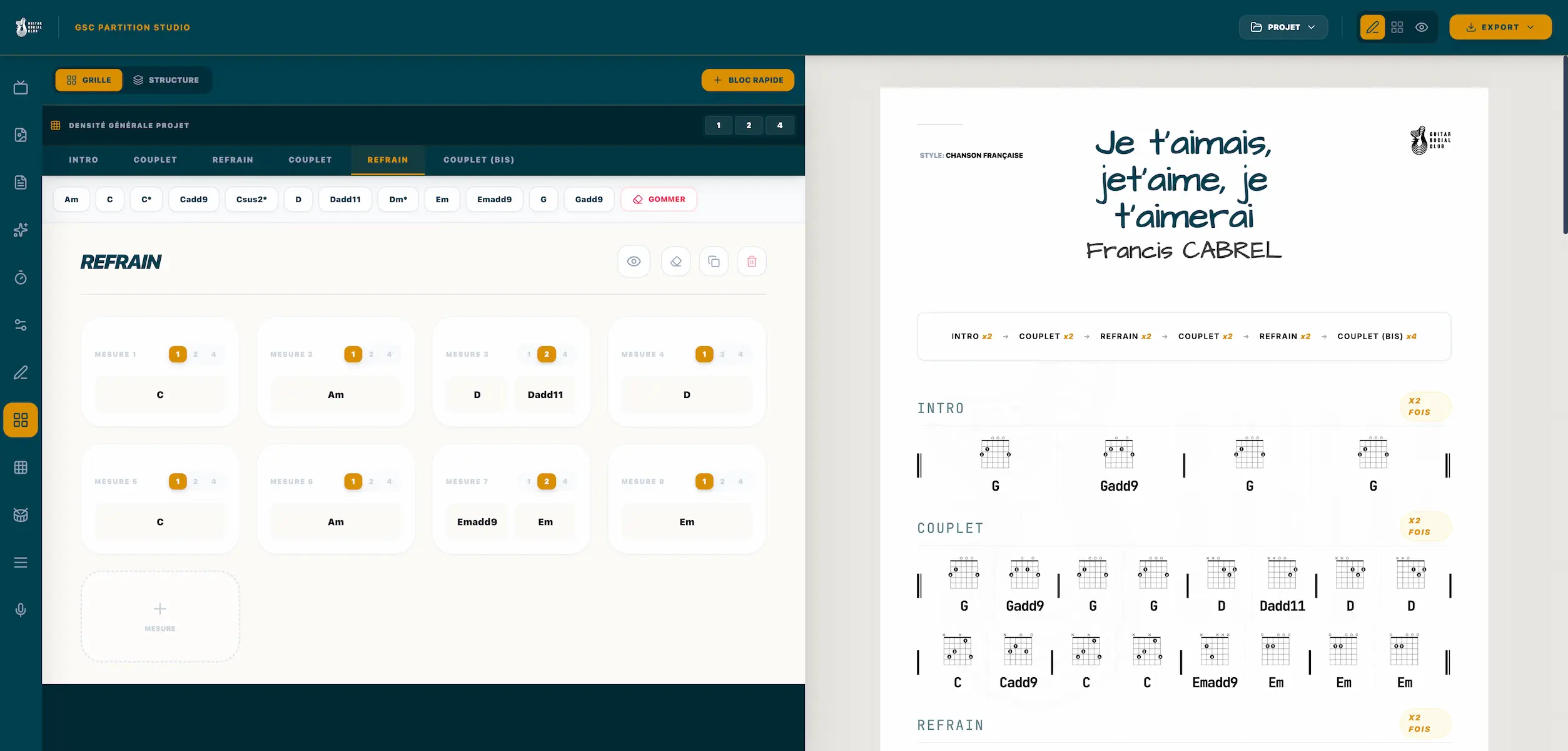 écrire une grille d’accords guitare dans Guitar Partition Studio