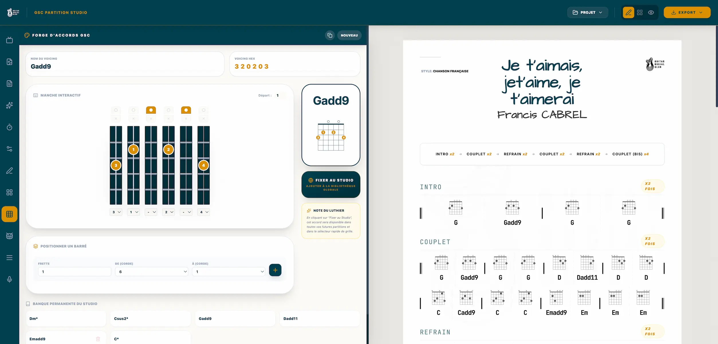 écrire une grille d’accords guitare et gérer les accords dans Guitar Partition Studio