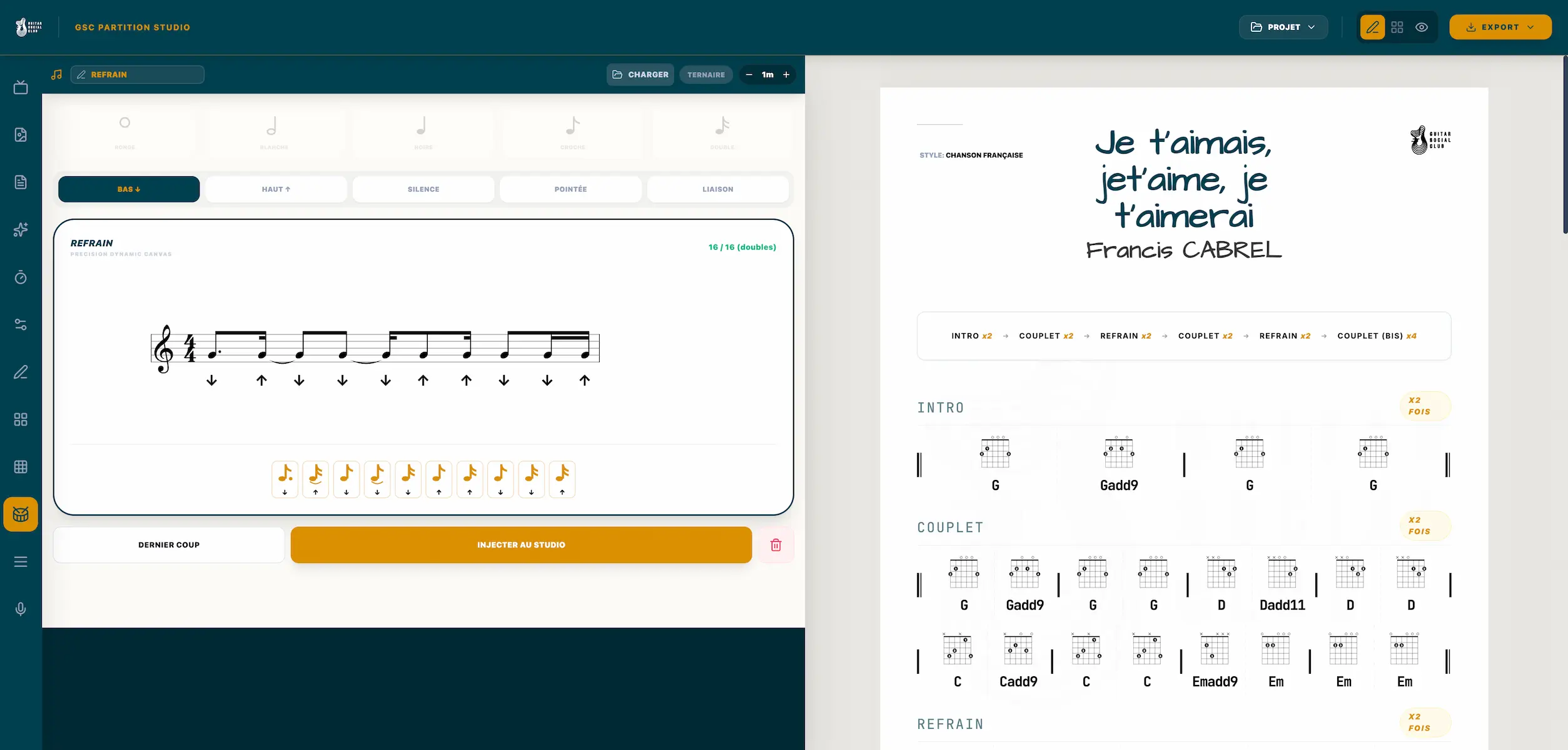 écrire une grille d’accords guitare avec rythme dans Guitar Partition Studio