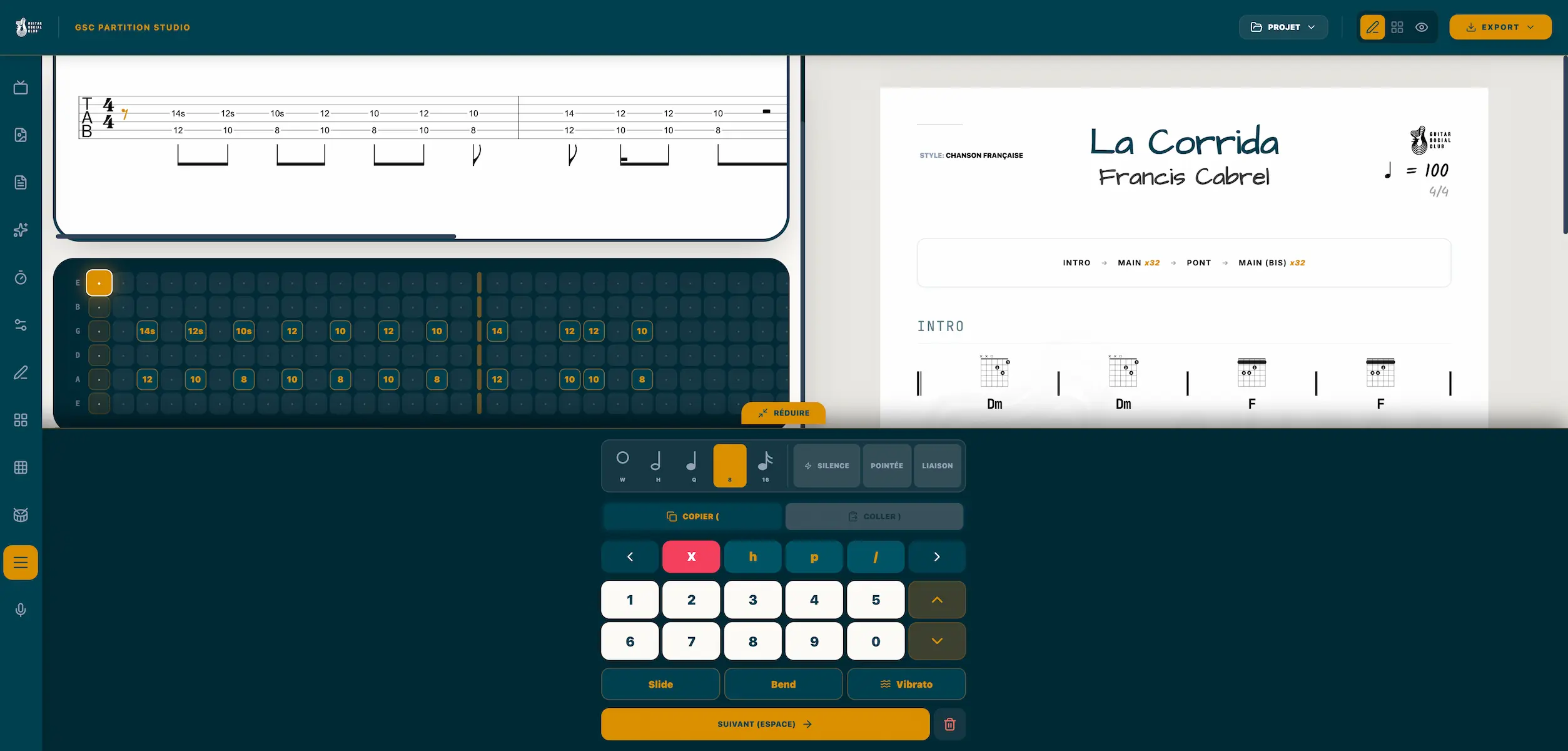écrire une grille d’accords guitare avec tablature dans Guitar Partition Studio
