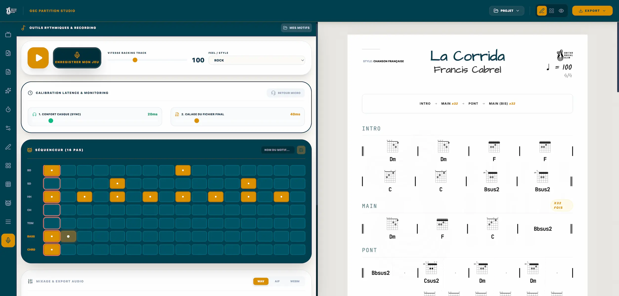 écrire une grille d’accords guitare et entendre le résultat dans Guitar Partition Studio